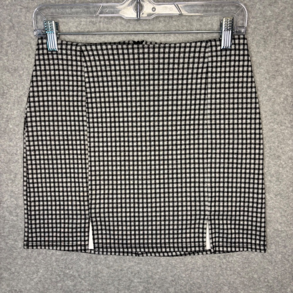 Full Tilt Women's Small Mini Skirt Black White Gingham Check Stretch Double Slit - Picture 1 of 9